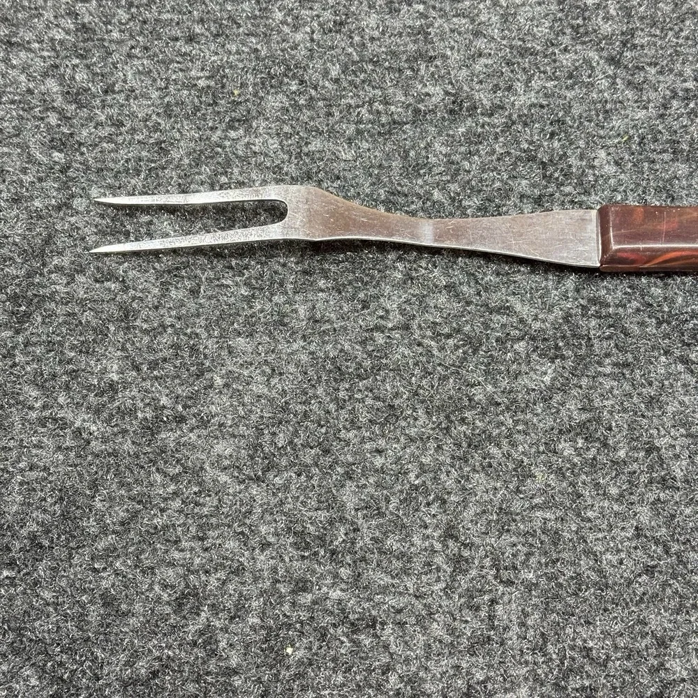 Vintage Stanhome Stainless 2-Prong Meat Serving Fork Red Swirl Bakelite Handle